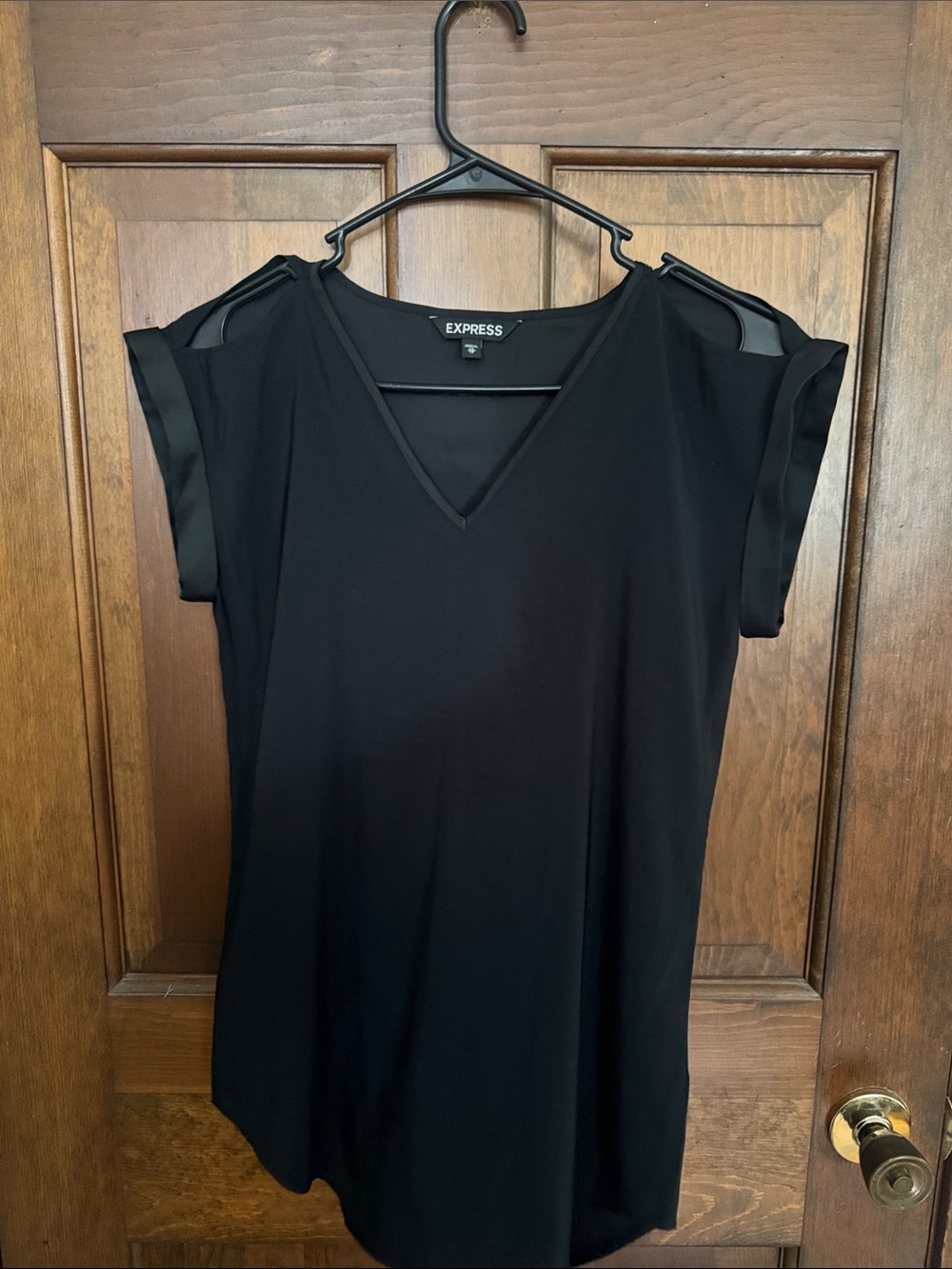 Express Black V-Neck Cold-Shoulder Tunic with Satin Trim